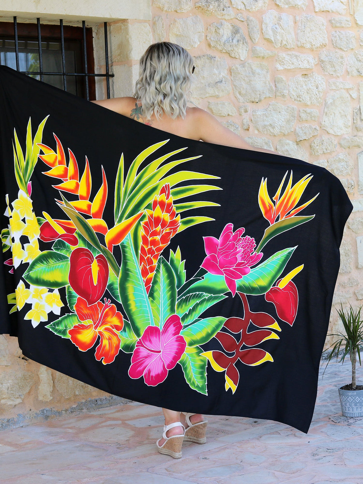 Hand Painted Exotic Black Batik Sarong - Hula Beach-Sarong-Hula Beach