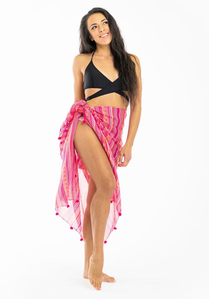 pink bobble trim sarong with aztec stripe print Hula Beach